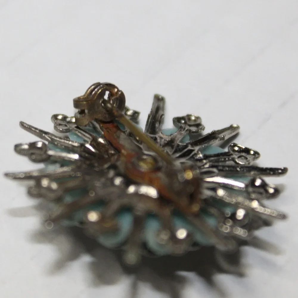 Vintage Brooch Sunburst Faux Turquoise Filigree Starburst OS Light Blue Silver
